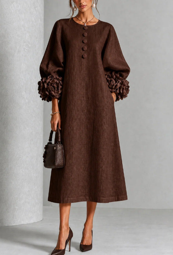 Robe trapèze à fleurs 3D pour femme – Robe de soirée et de mariage style français à manches bouffantes