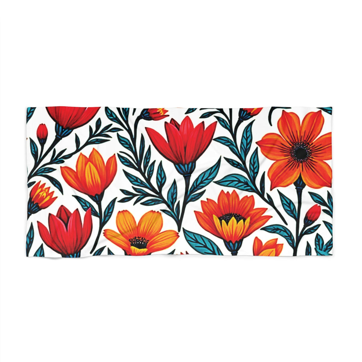 Serviette de Plage Coucher de Soleil Floral — Motif Fleurs Rouges & Oranges Éclatantes