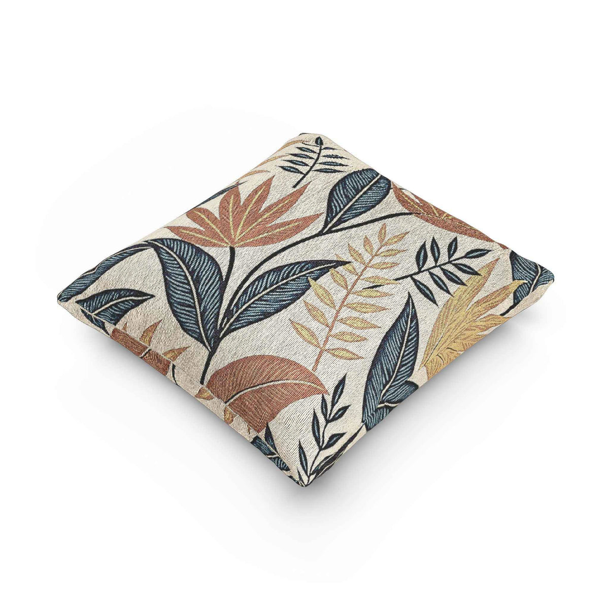 Oreiller tissé à motif de feuilles tropicales | Coussin décoratif botanique, design bleu rouille neutre