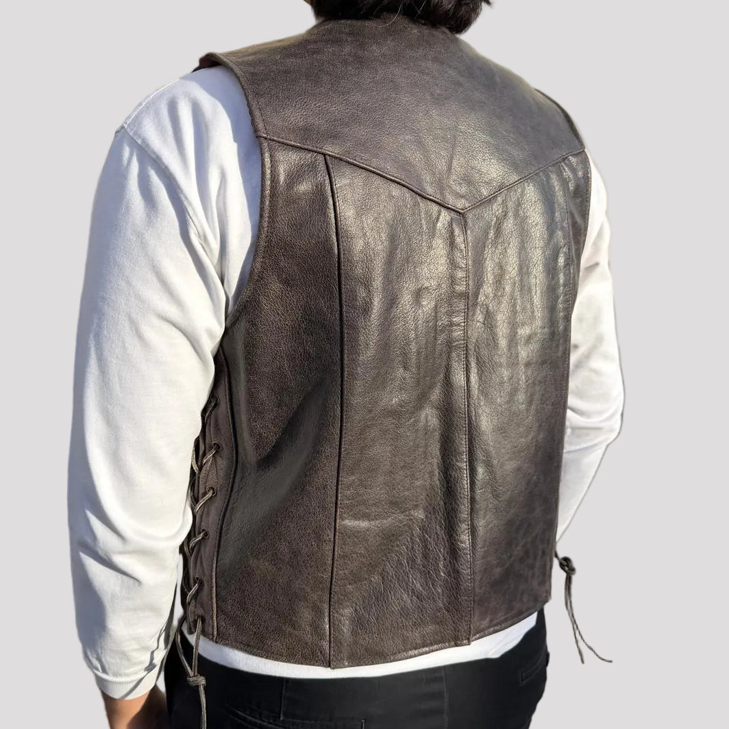 Gilet motard en cuir de buffle pour homme. Gilet à lacets latéraux ajustables