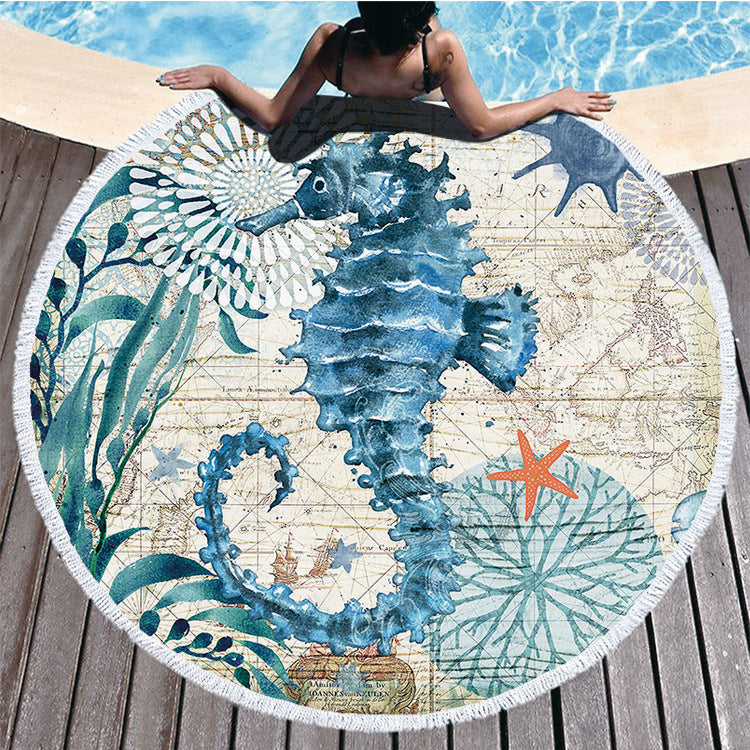Serviette de plage ronde imprimée en fibres douces avec pompons