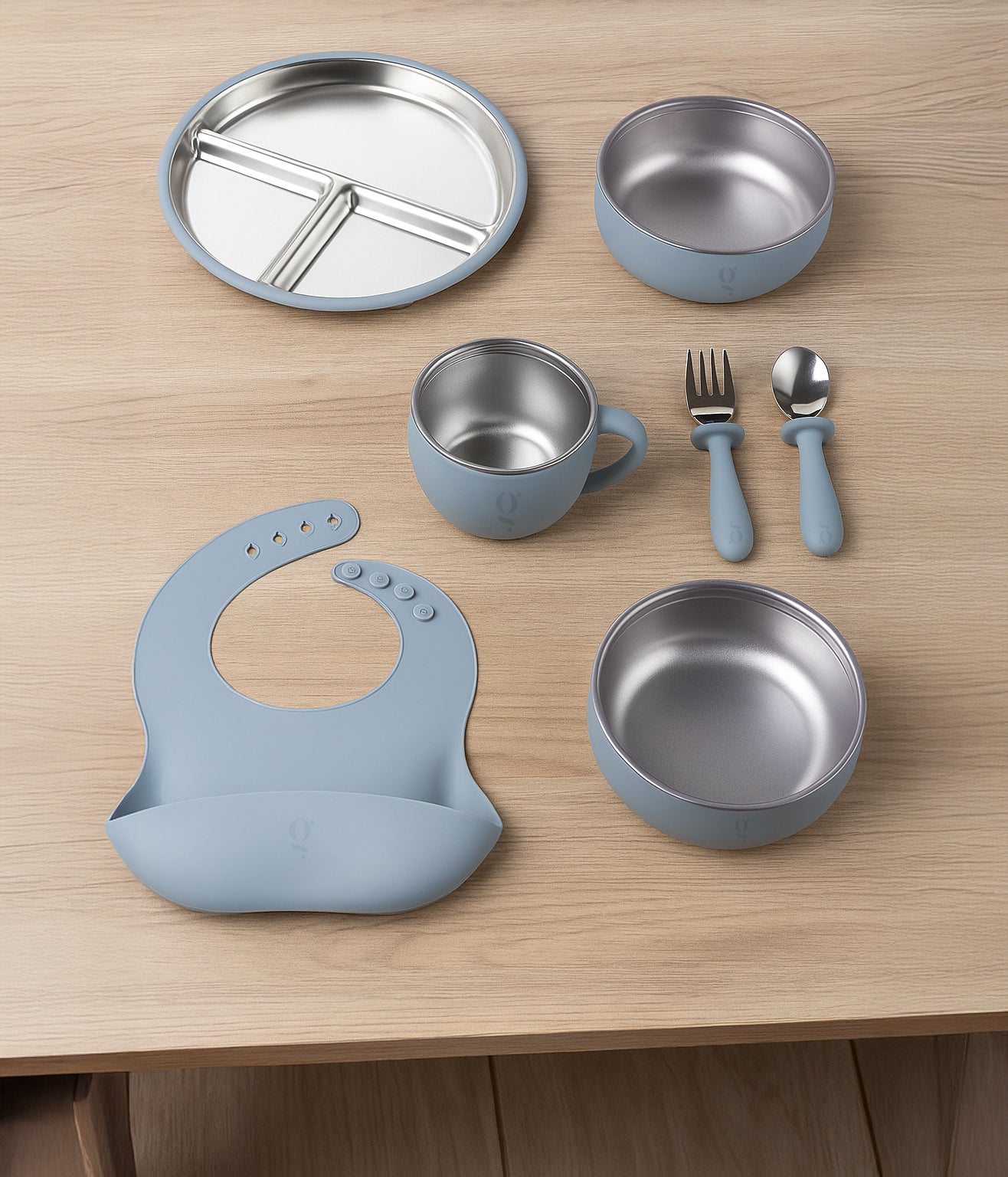 Service de vaisselle 7 pièces haut de gamme en silicone et acier inoxydable pour enfants | Ensemble repas