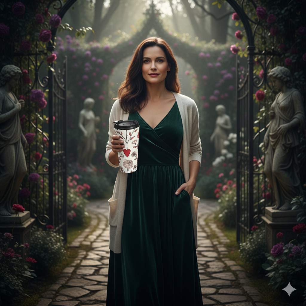 Mug de voyage en acier inoxydable avec motif floral cœur rouge dessiné à la main | Motif Saint-Valentin