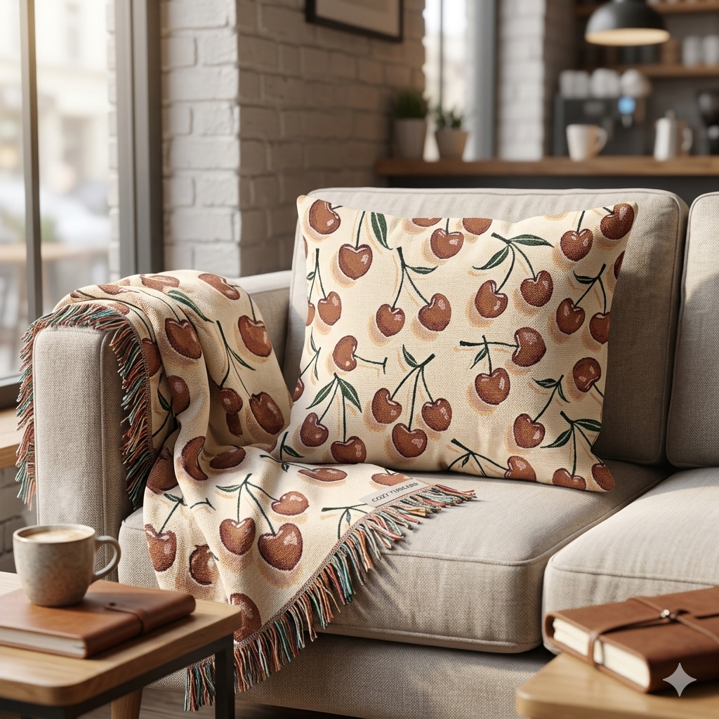 Couverture tissée à motif cerises — Jeté de fruits rétro pour salon et chambre