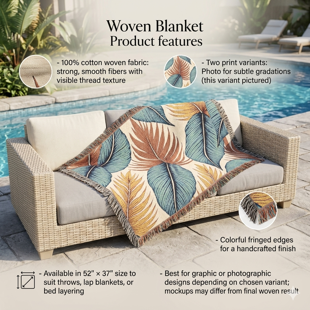 Jeté de lit tissé à motif feuilles tropicales – Décor bohème côtier pour salon et patio