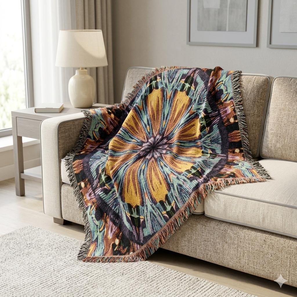 Couverture tissée Mandala Kaléidoscope — Jeté décoratif bohème pour salon et cadeau