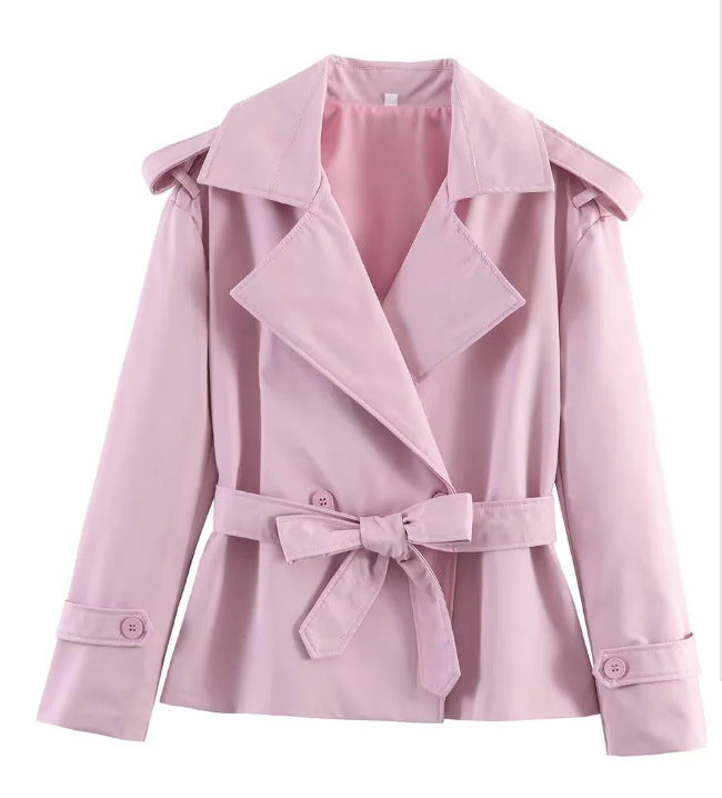 Trench court ceinturé uni pour femme – Veste courte style européen avec nouage à la taille