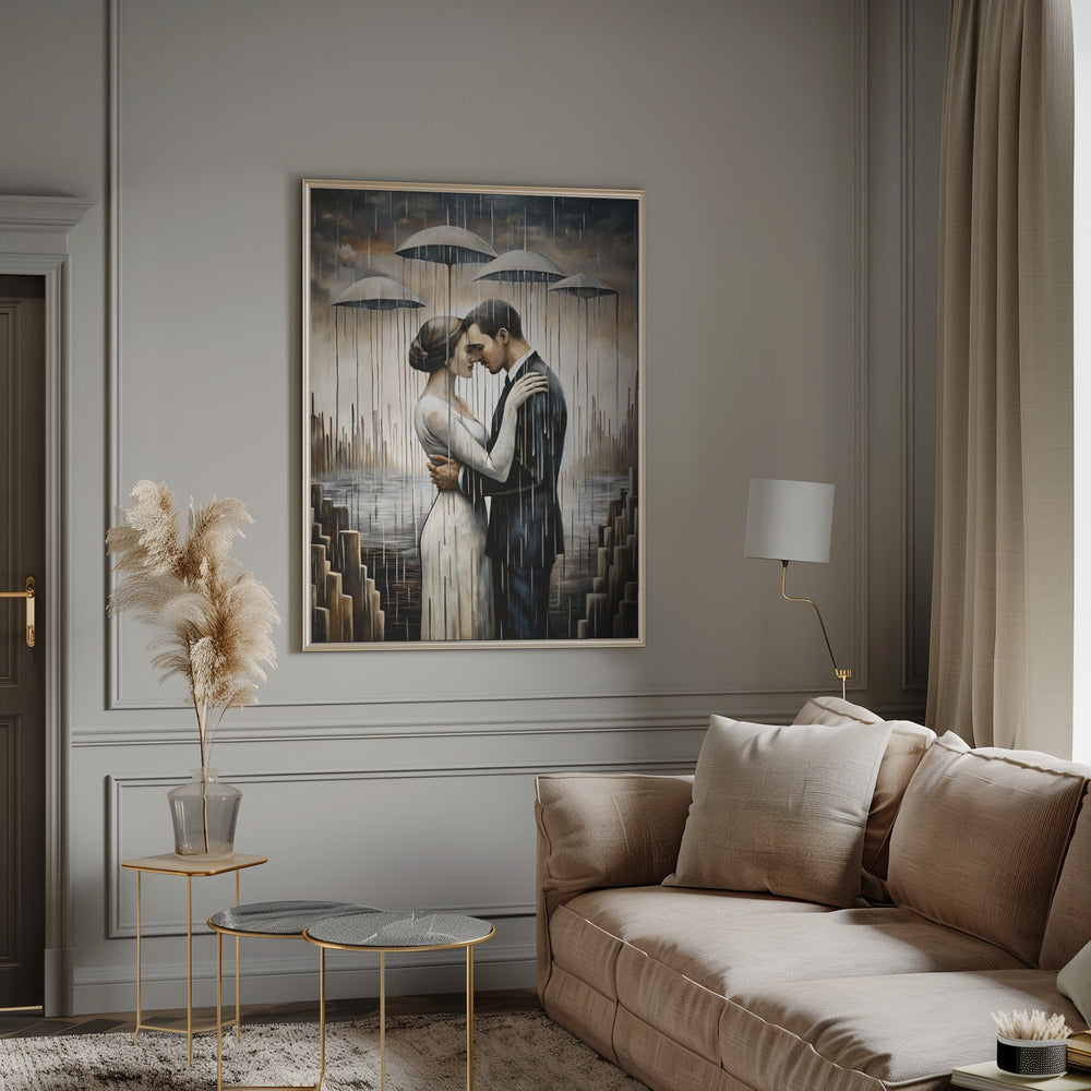 Un baiser sous les parapluies flottants - Décoration murale