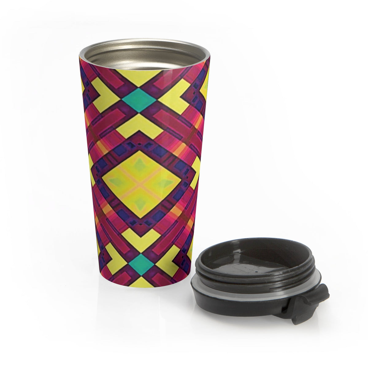 Mug de voyage — Gobelet isotherme en acier inoxydable, motif kaléidoscope géométrique vif