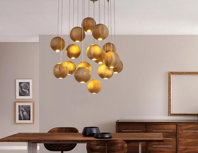 Nordic Wood Ball Chandelier – Scandinavian Wooden Pendant Ceiling Light, 1/3/4 Heads for Living Room & Dining Room (110V)
