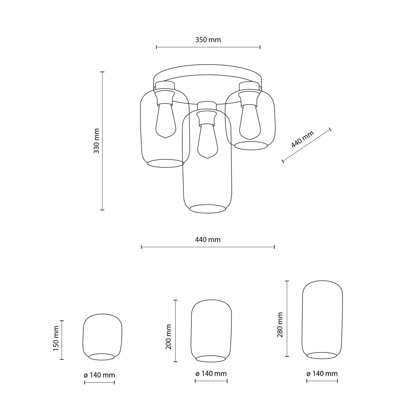 Plafonnier à 3 ampoules de style moderne du milieu du siècle MARCO pour salon, cuisine et salle à manger