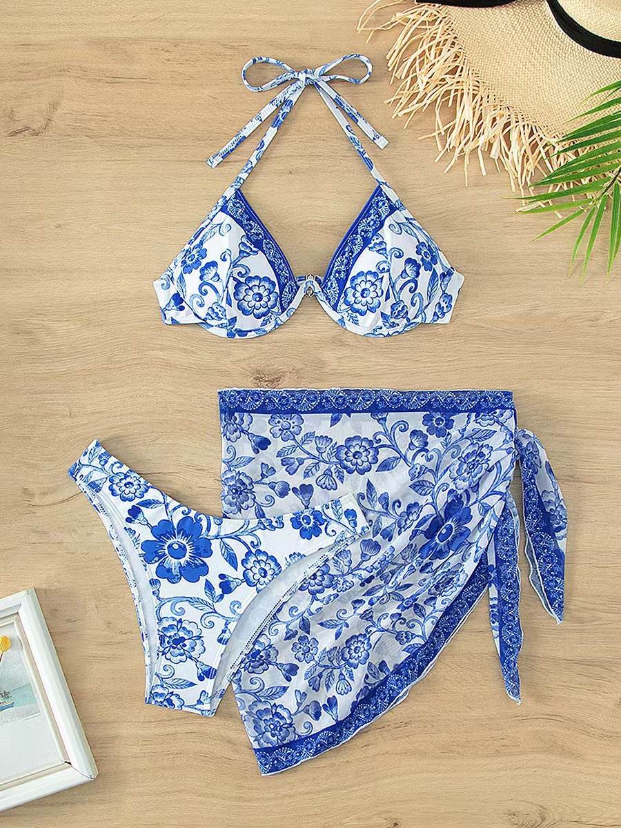New Blue And White Porcelain Printed Bikini Sexy Adjustable Lace Up