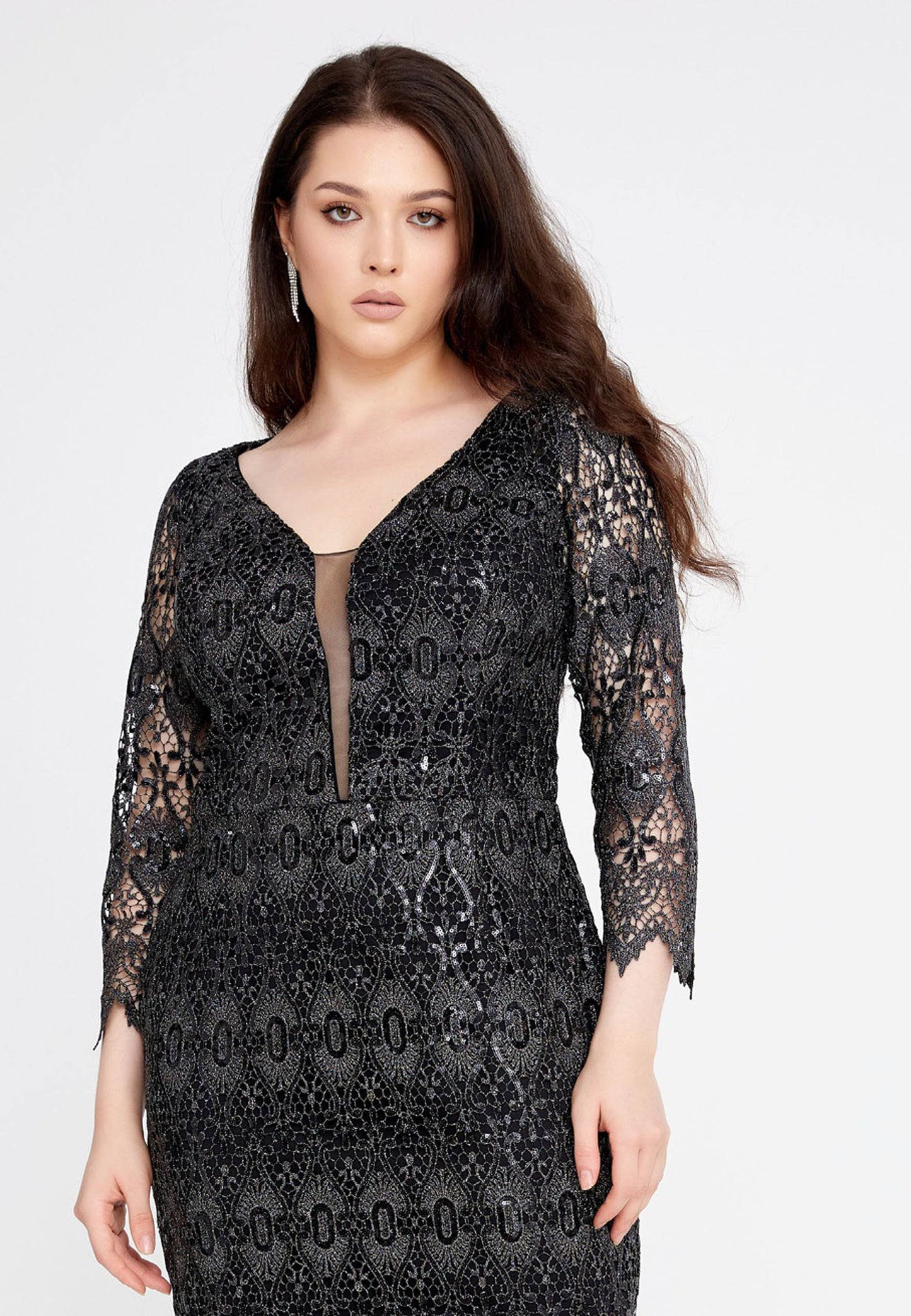 Robe mi-longue midi droite en dentelle grande taille - Noir