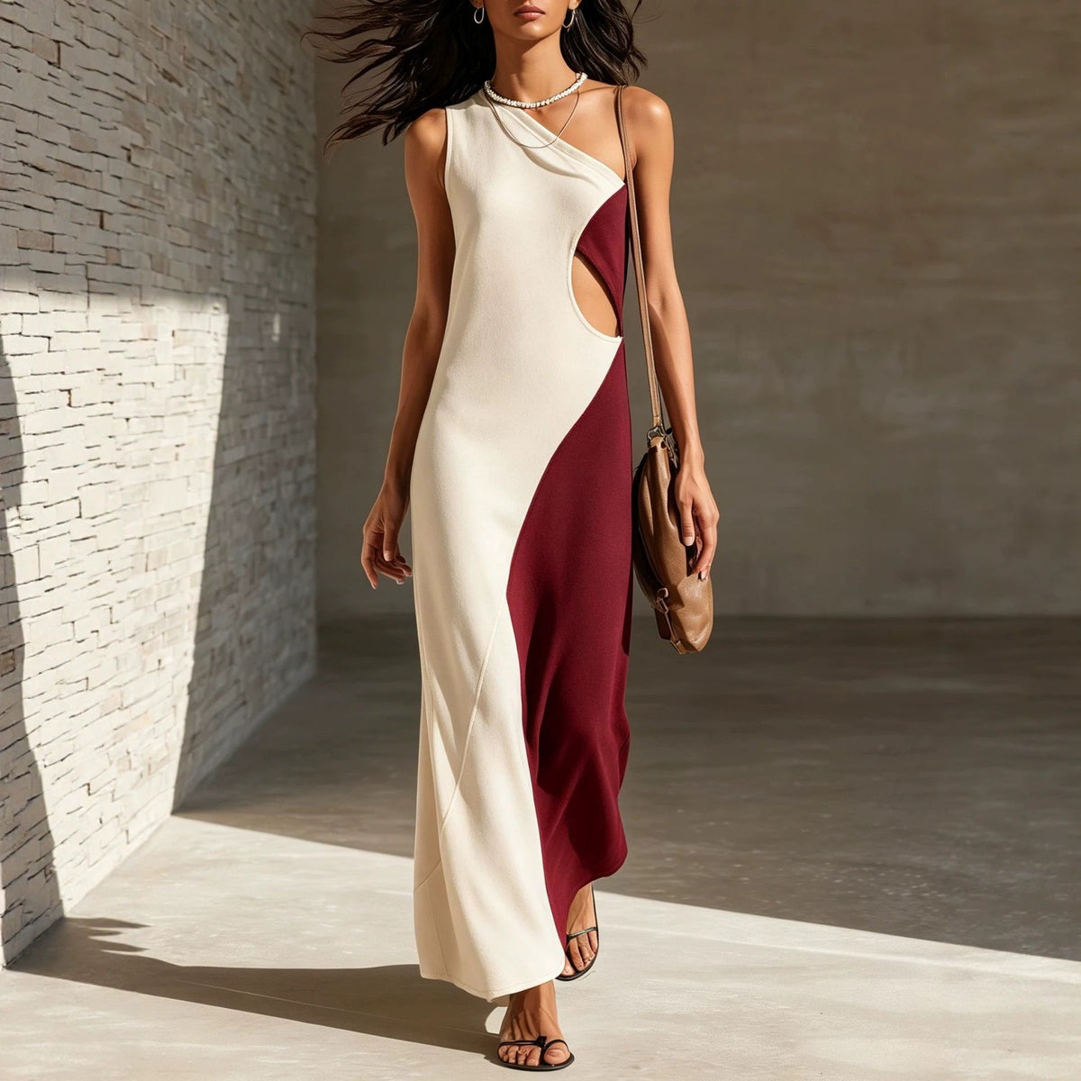 Robe midi asymétrique color-block pour femme – Robe décontractée sans manches à empiècements