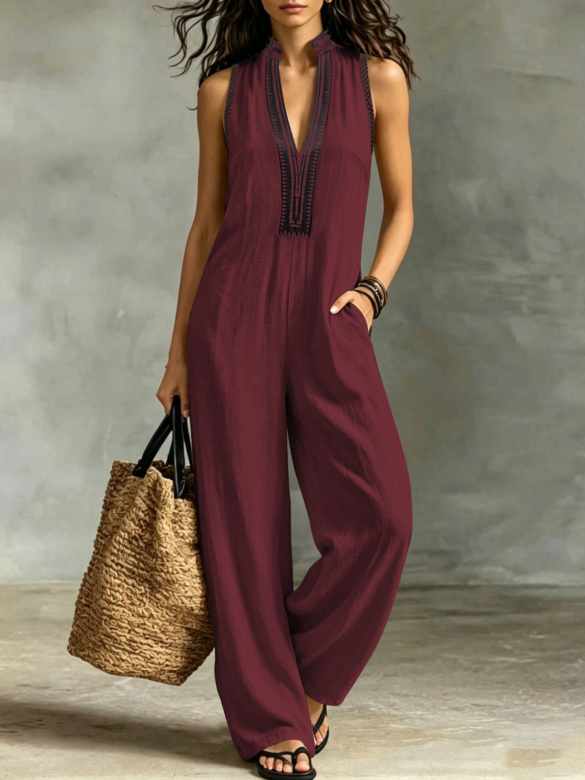 Combinaison sans manches à col montant pour femme – Pantalon large à col en V avec bordure en dentelle et poches