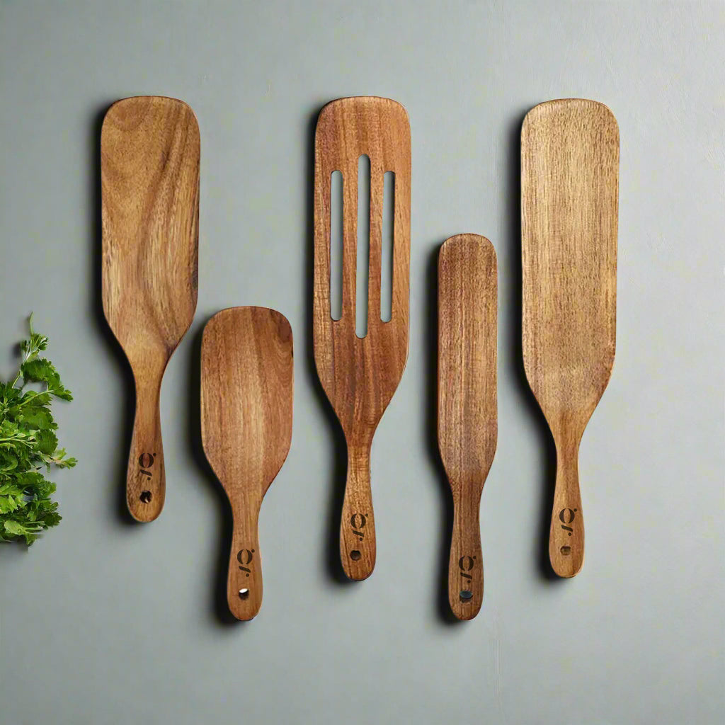 Ensemble de 5 spatules en bois d'acacia, ustensiles de cuisine en bois