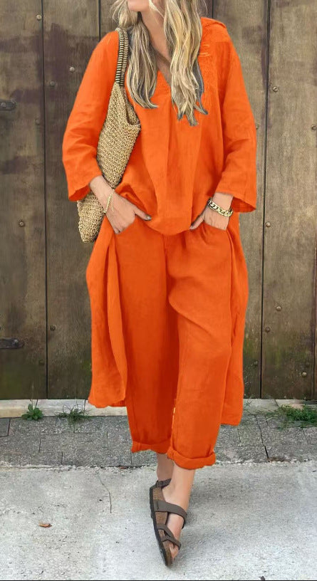 2pcs Long-sleeved Suits Loose V-neck Long Top And High Waist Wide Leg Pants With Pockets Women's Clothing