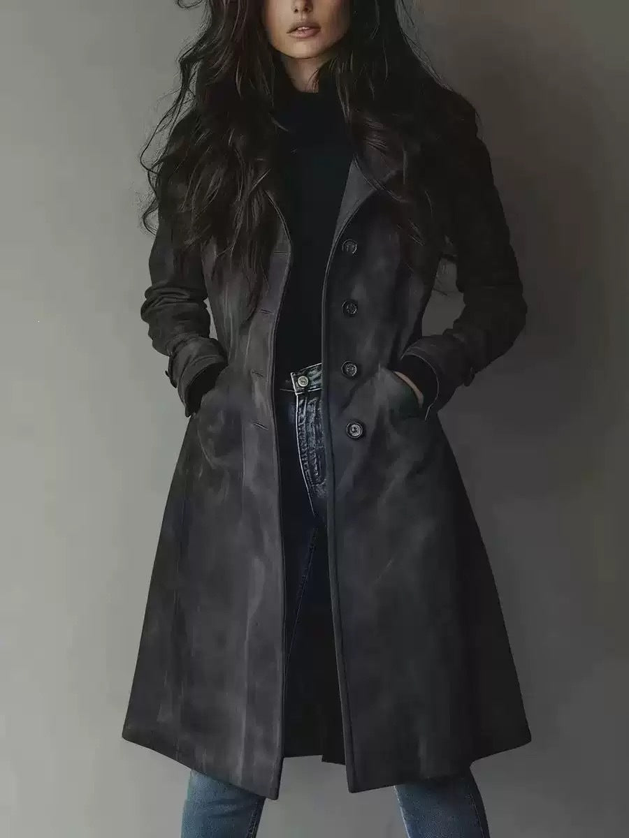 Trench-coat à revers en daim pour femme – Veste mi-longue ceinturée pour l'automne et l'hiver