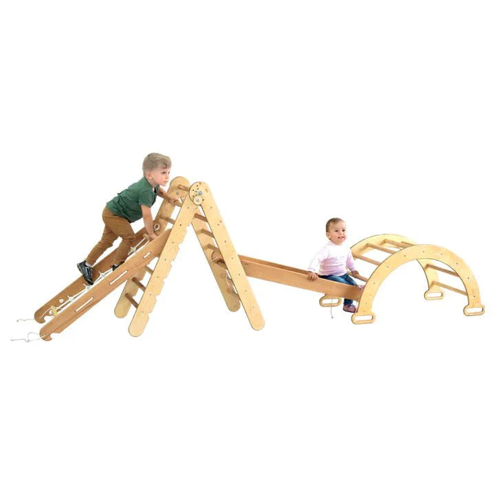 Ensemble d'escalade Montessori 4 en 1 : Échelle triangulaire + Arche/Balançoire + Toboggan/Rampe + Filet – Chocolat
