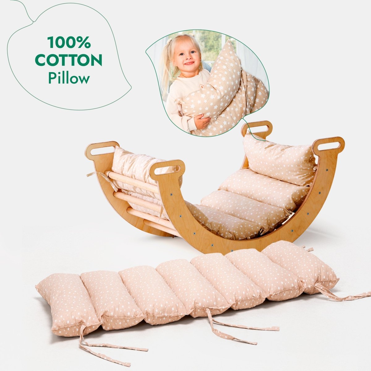 Ensemble d'escalade Montessori 4 en 1 : Échelle triangulaire + Arche d'escalade + Planche de toboggan + Coussin beige