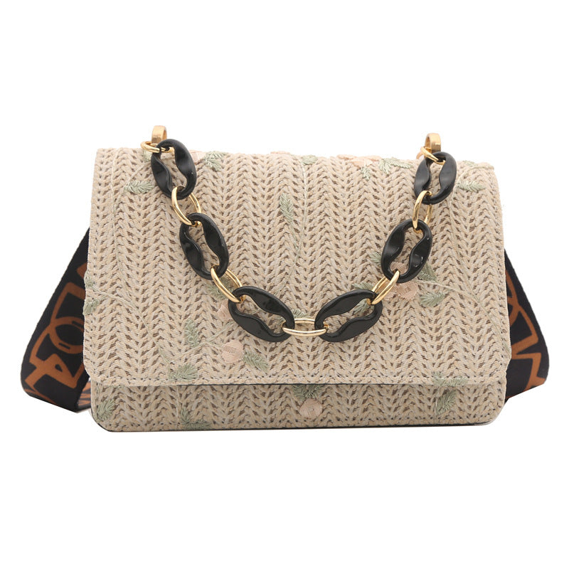 Petit sac bandoulière carré en paille pour femme avec chaîne en acrylique