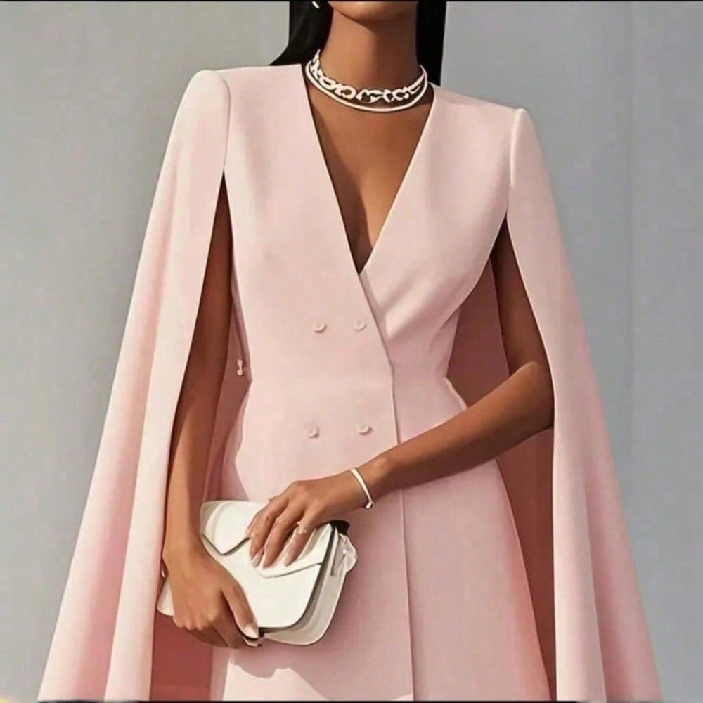 Robe blazer courte à cape élégante pour femme, robe habillée de luxe à double boutonnage, col en V, épaules structurées et manches cape fluides.