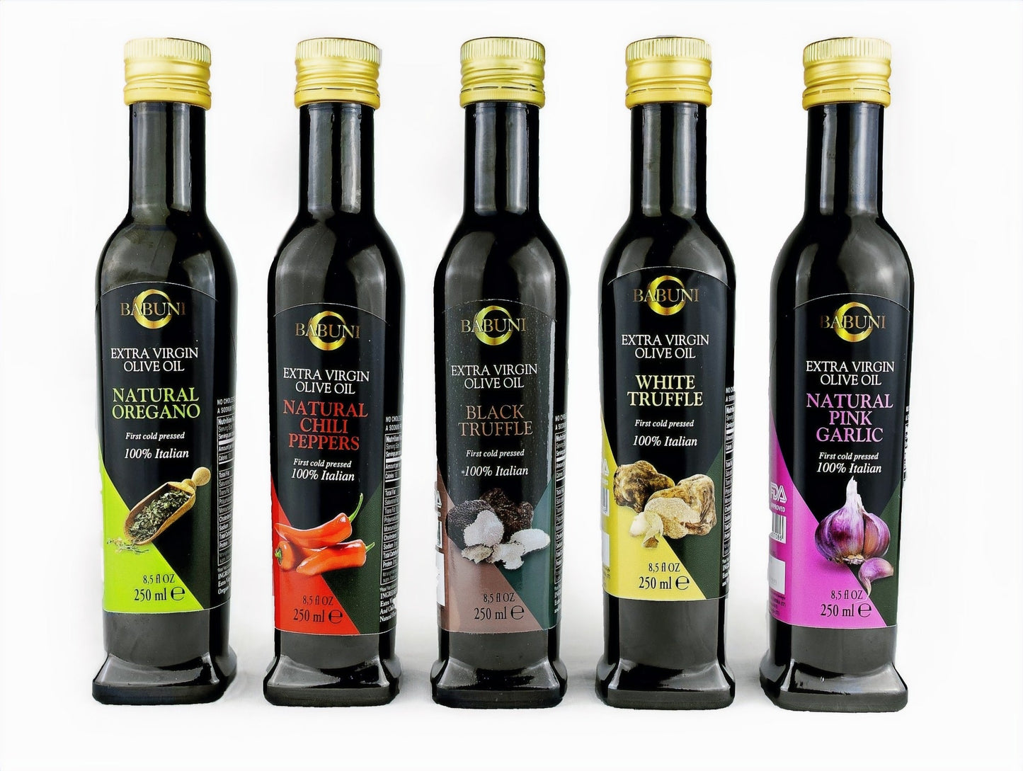 Ensemble de 5 huiles aromatisées (huile de finition) Sans OGM, pressées à froid, 100% italiennes