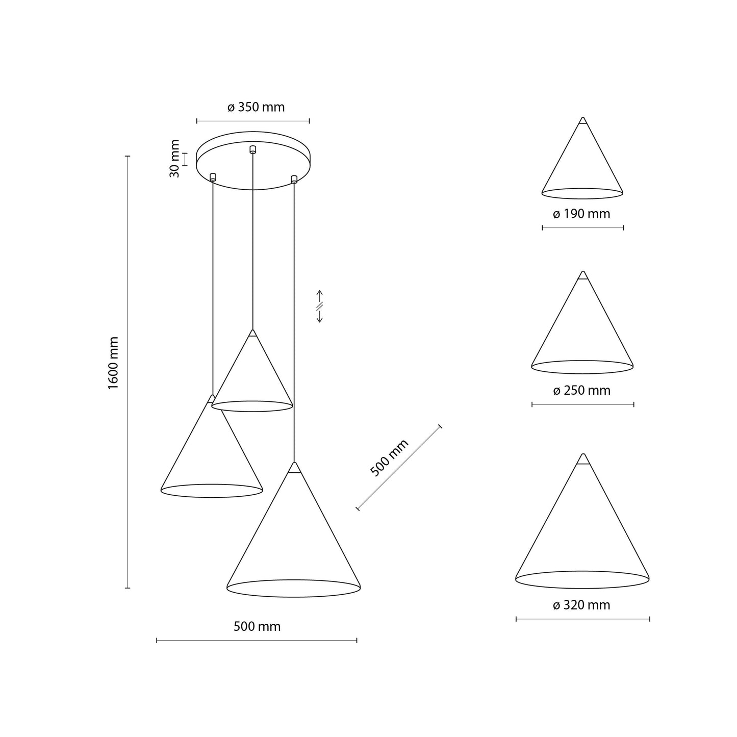 Suspension conique 3 lumières en acier CONO Mix pour îlot de cuisine et table à manger