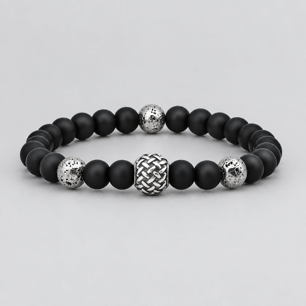 Men’s Matte Black Bead Bracelet with Textured Stainless Steel Ball Biker Bracelet