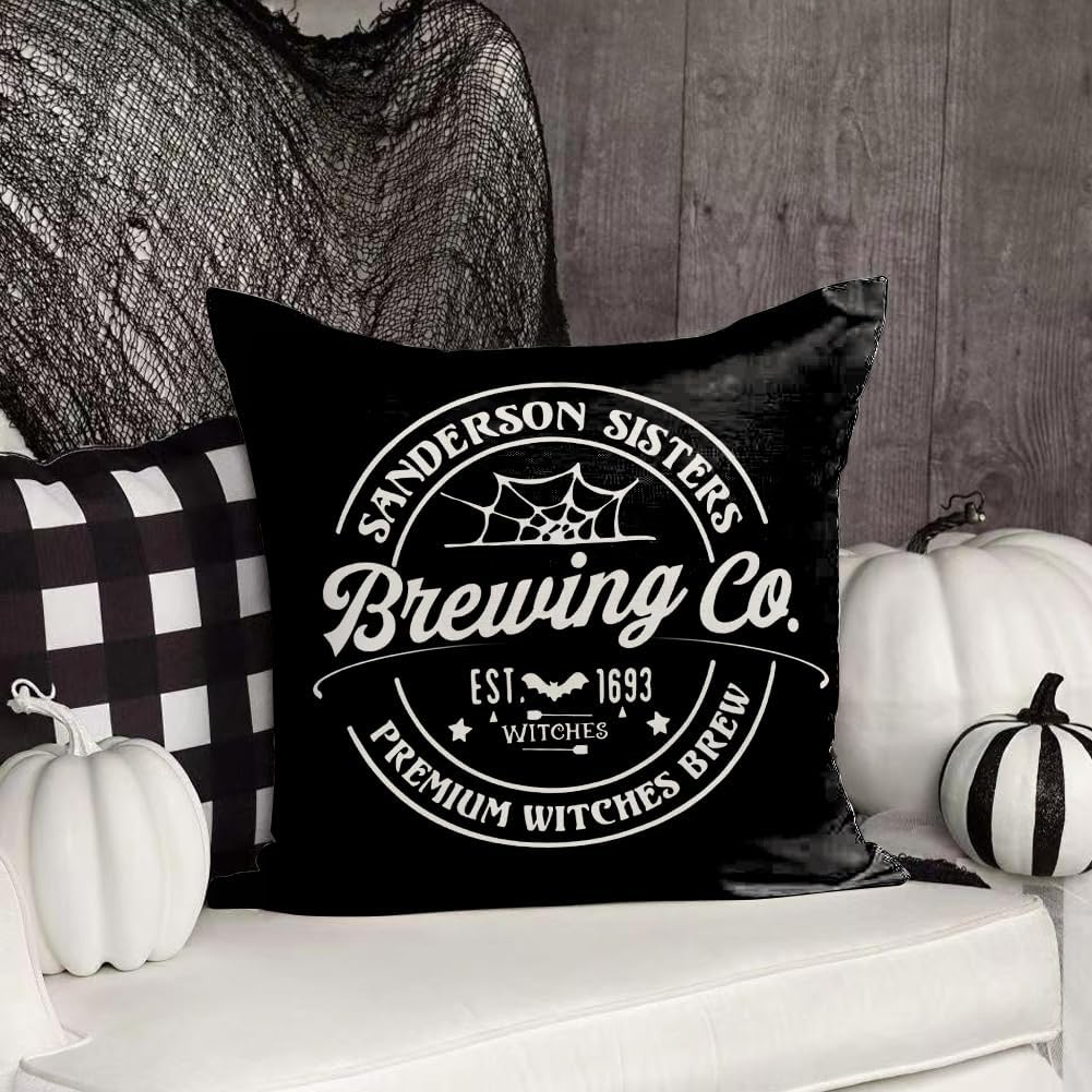Set of 4 Halloween Pillow Covers 18 × 18 in – Hocus Pocus Black & White Fall Decor (Canada Delivery Only)