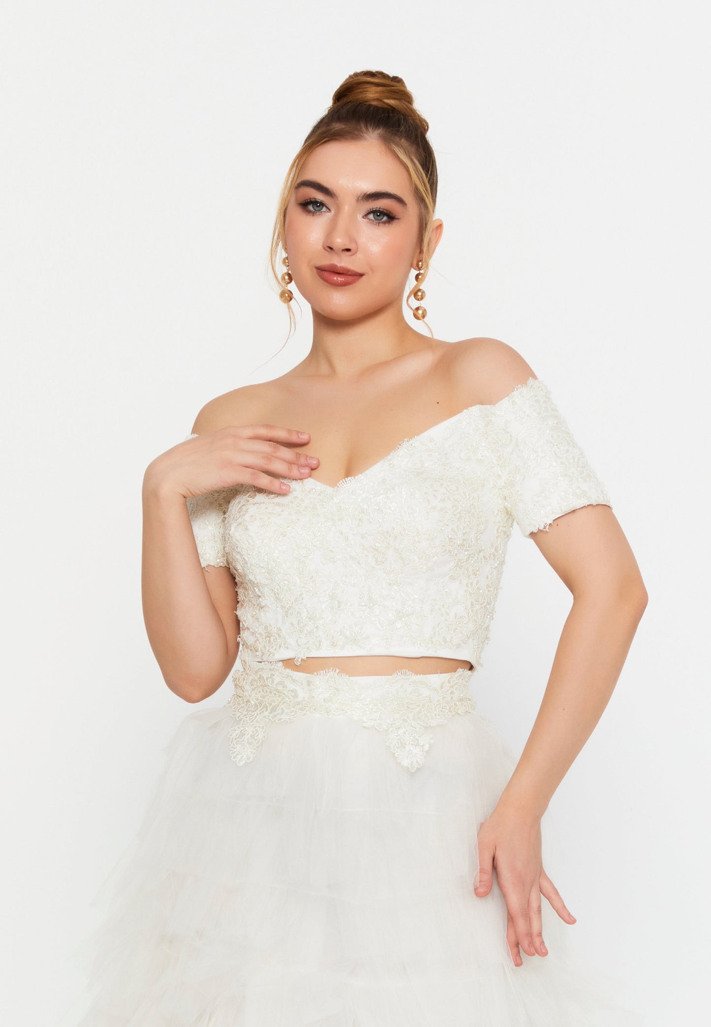 Ensemble deux pièces de mariée en dentelle et tulle blanc