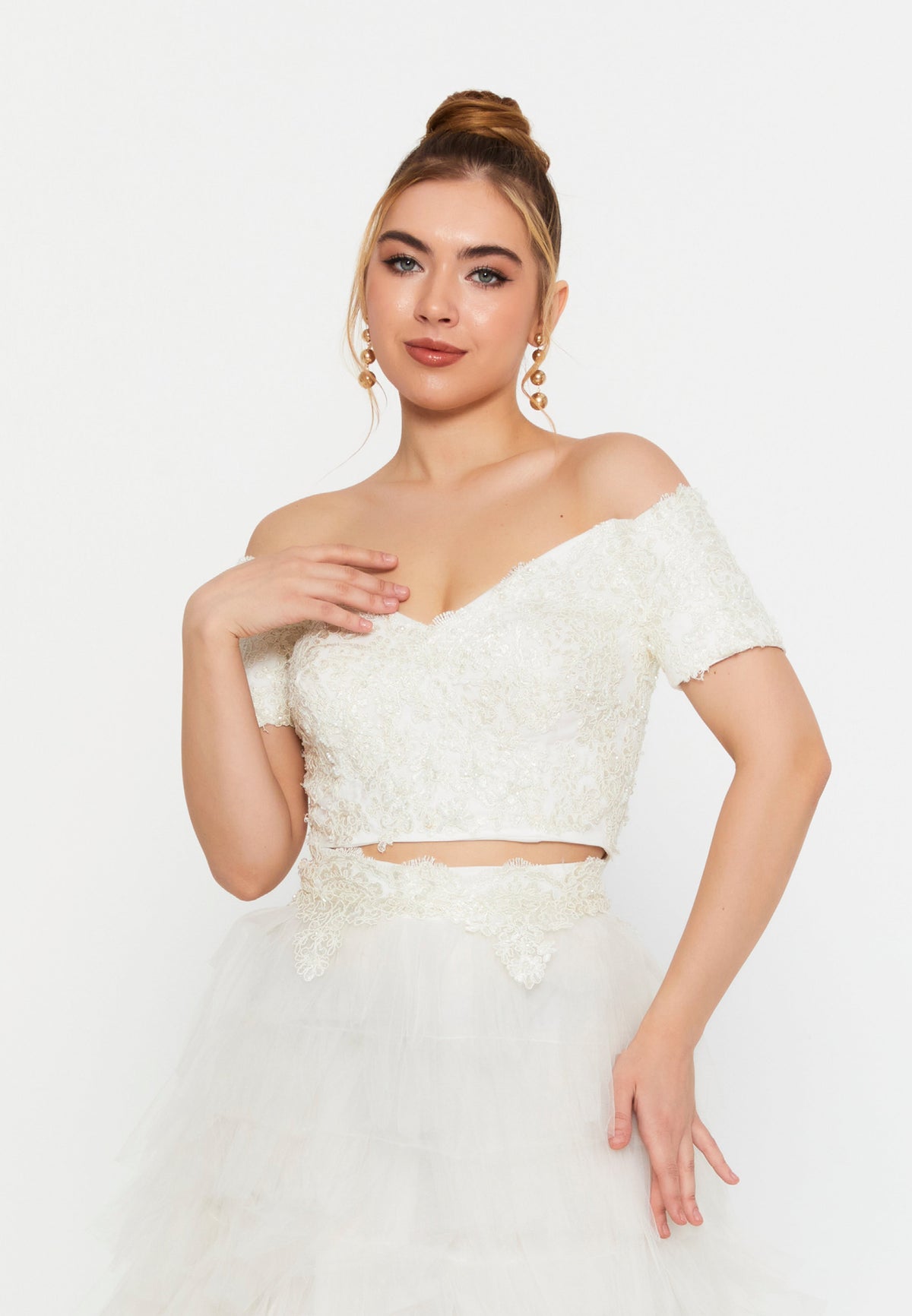 White Two-Piece Bridal Lace & Tulle Set