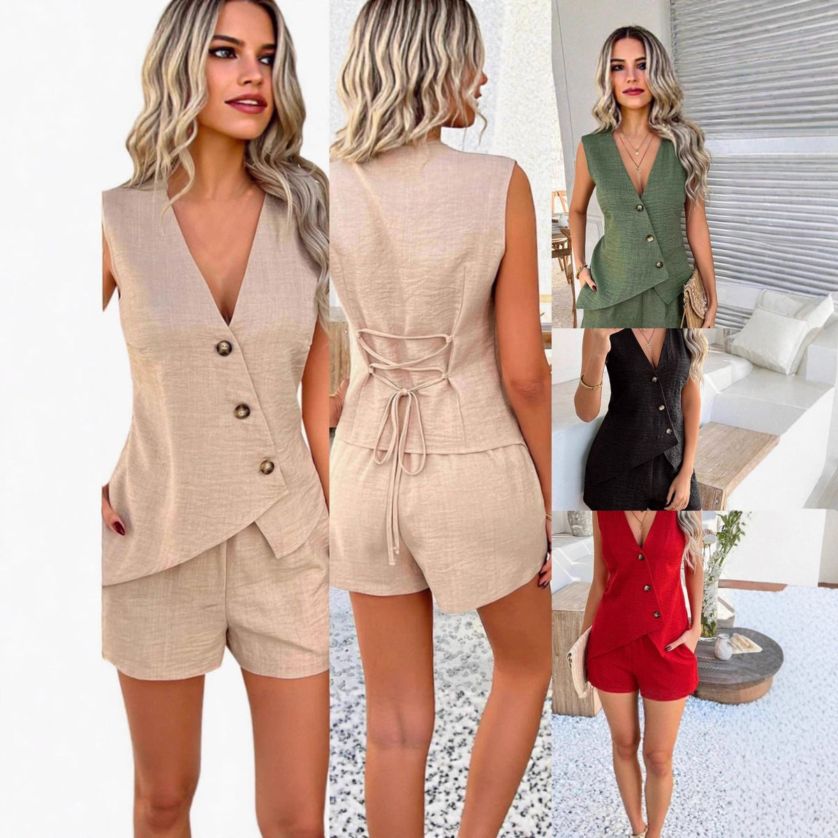 Ensemble débardeur à col en V asymétrique et short décontracté et tendance pour femme