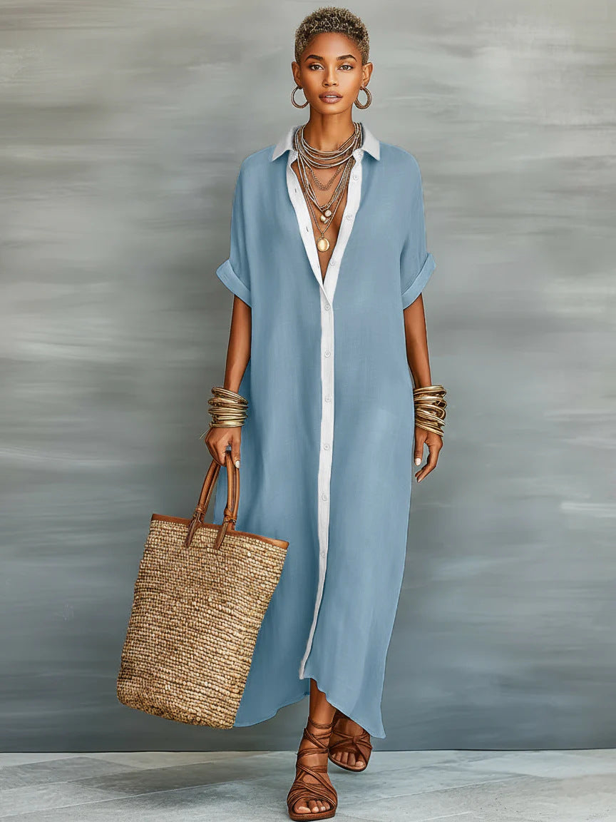 Robe chemisier d'été à manches courtes pour femme – Robe longue à col à revers et boutonnage à l'avant