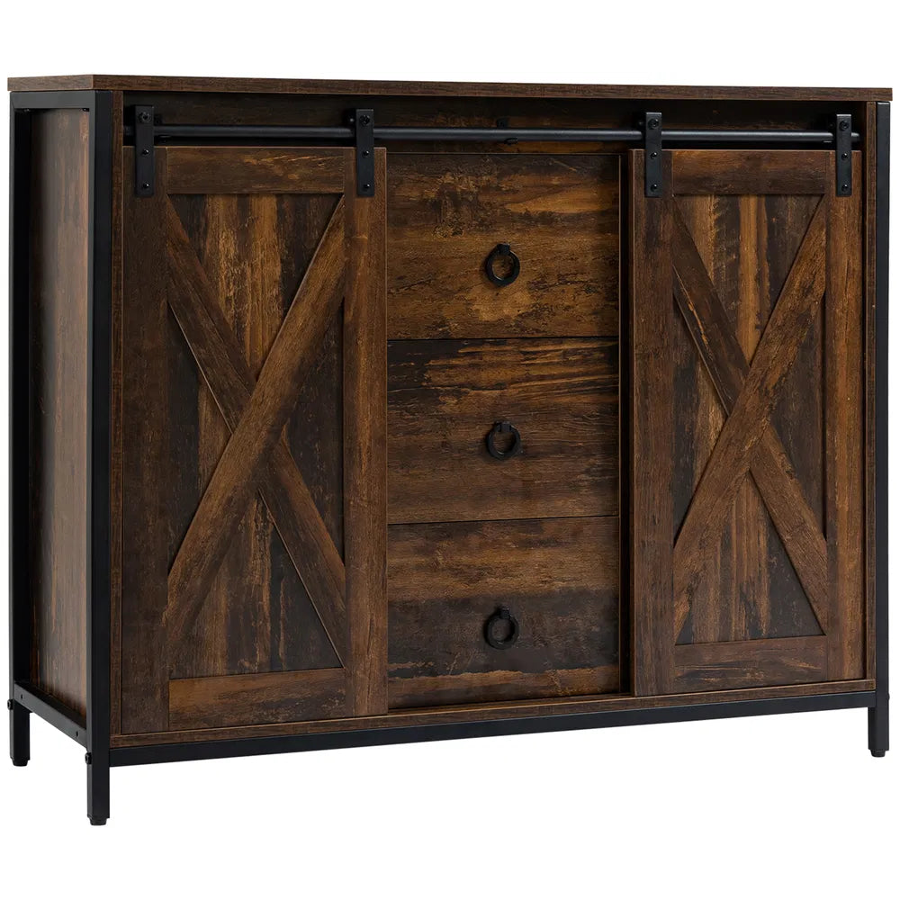 Buffet industriel marron rustique – Desserte de cuisine avec portes coulissantes façon grange, 3 tiroirs et étagères réglables (livraison aux États-Unis et au Canada uniquement)