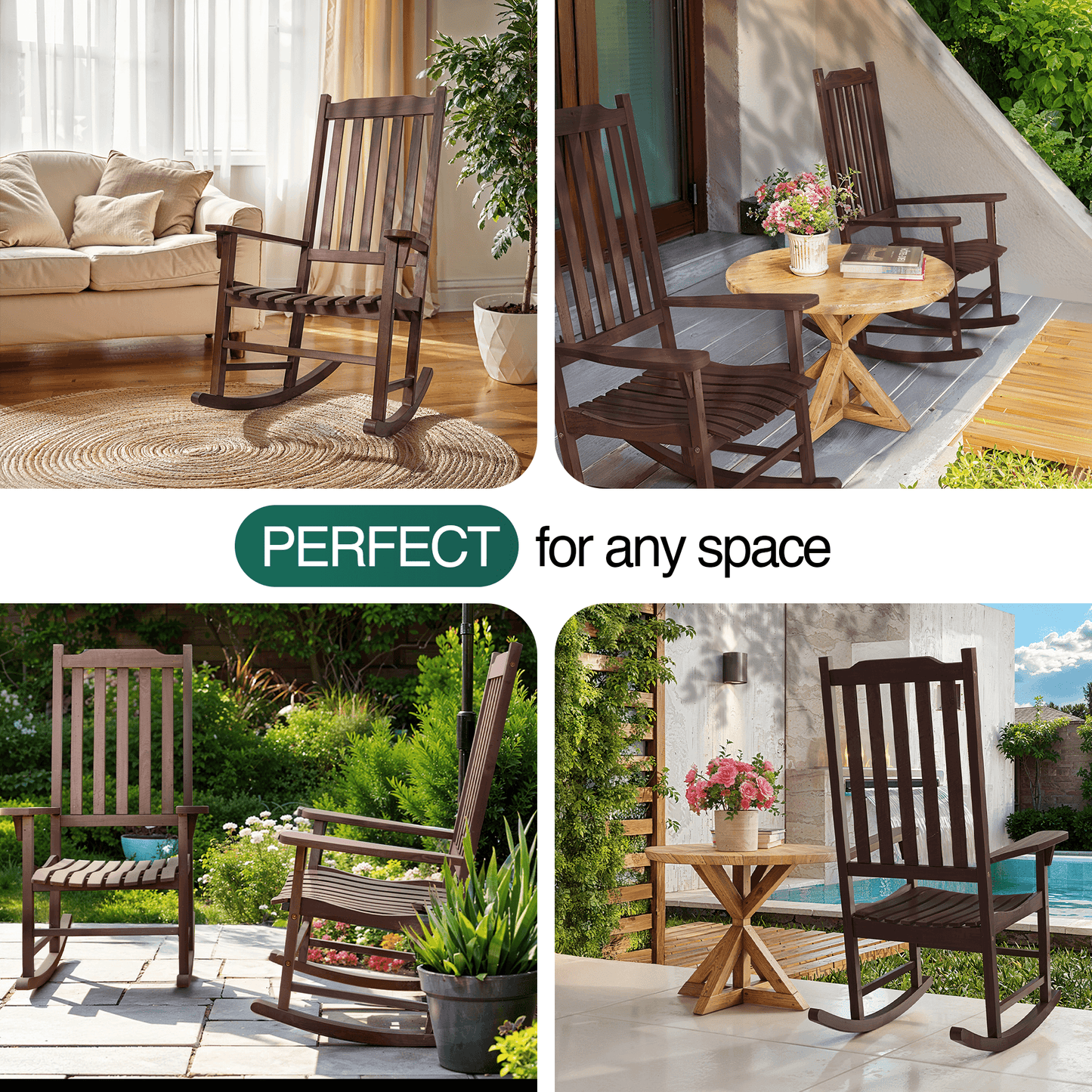 Chaise à bascule en bois Tranquillo Oasis pour patio, porche ou intérieur