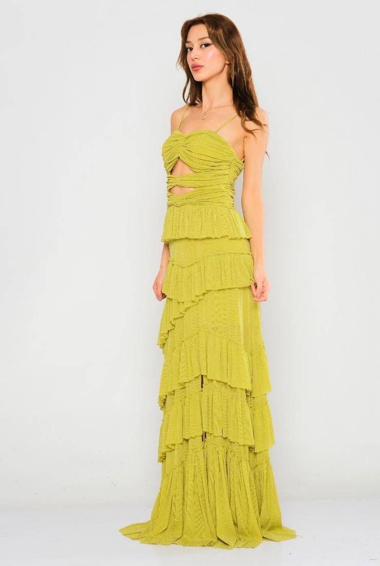 Robes de soirée de demoiselle d'honneur à superpositions avec fermeture éclair et lacets - Citron vert