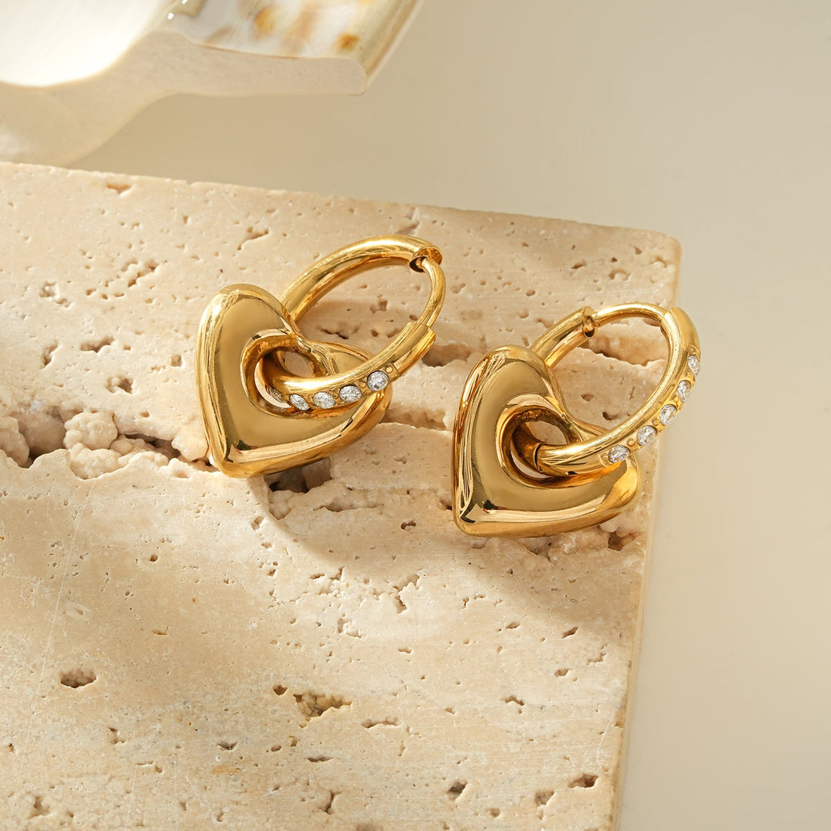 BISHAARA Gold: Zirconia Embedded Heart Charm Hoop Earrings – Forever Love