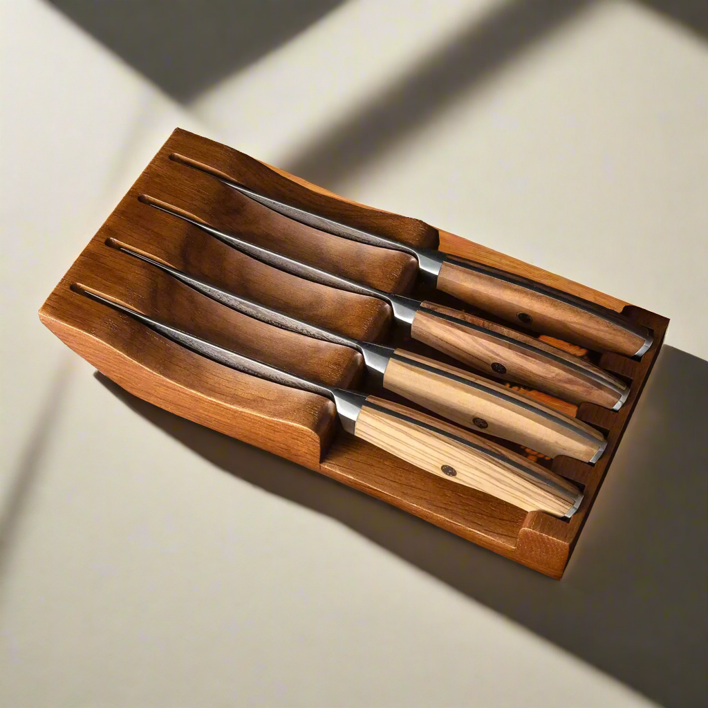 Ginza Steel AMELIA Five – Ensemble de 4 couteaux à steak en acier Damas VG10 avec bloc en bois
