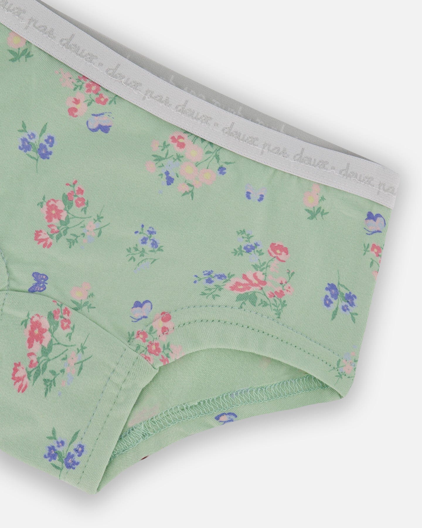 Culotte Garçon Imprimée en Coton Biologique Petites Fleurs Roses et Bleues sur Sauge Claire