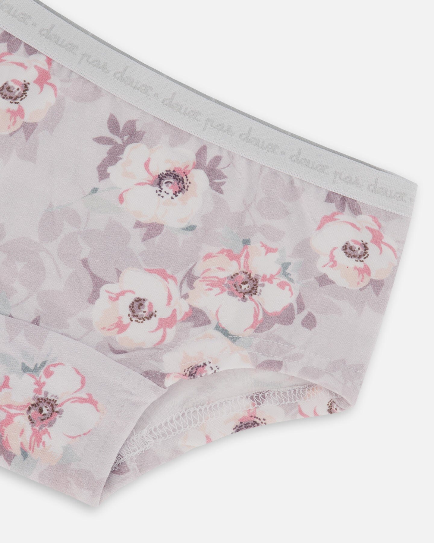 Culotte courte imprimée en coton biologique, motif fleurs roses pâles sur lilas neutre