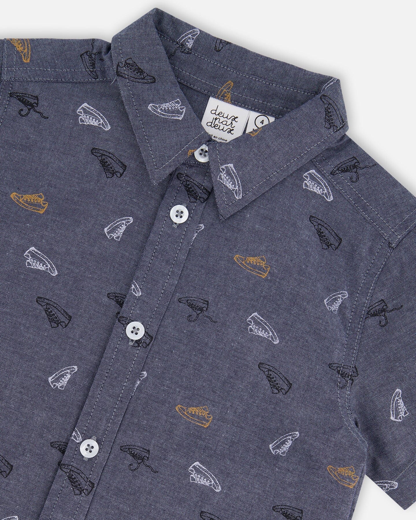 Chemise à manches courtes en chambray imprimé gris, blanc et havane