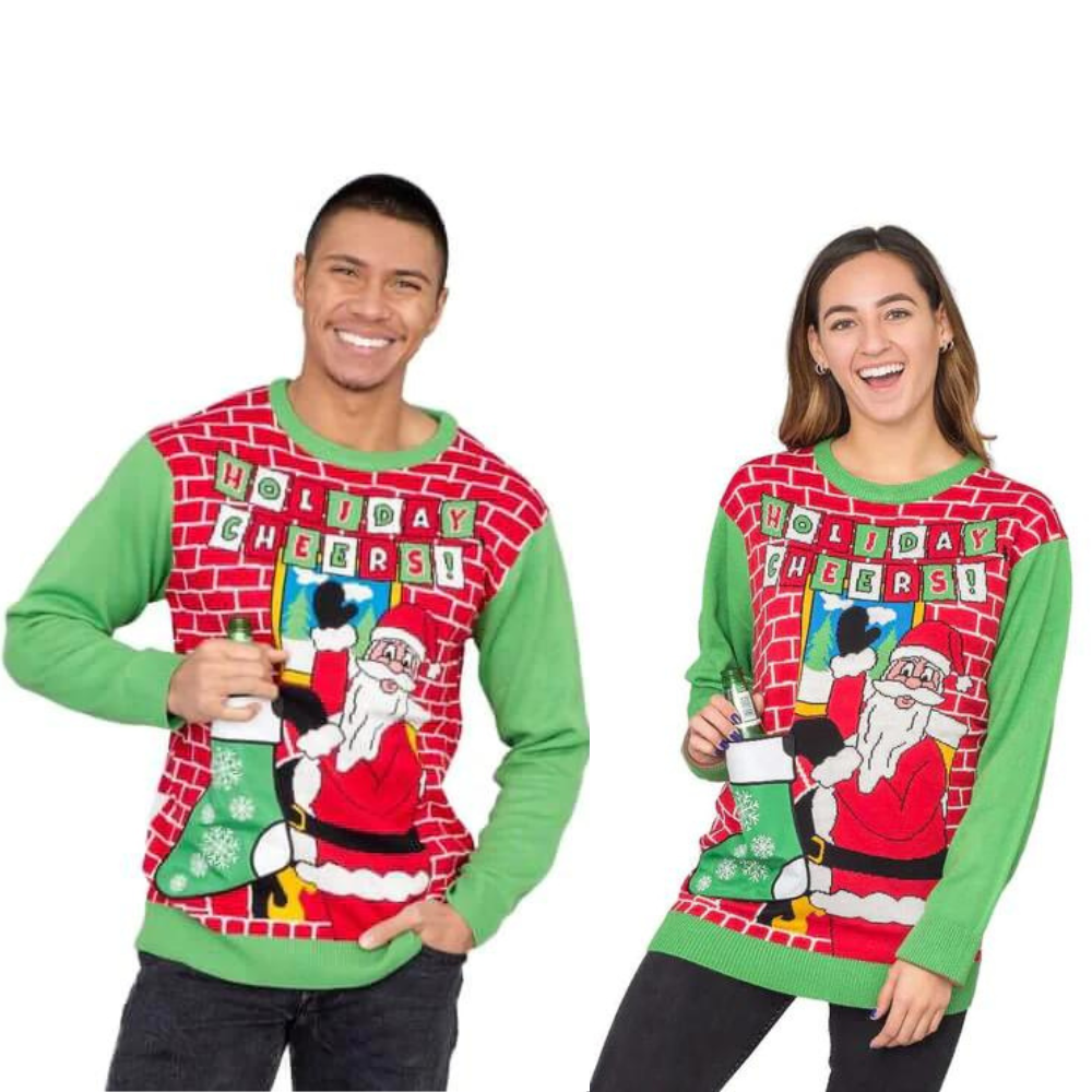 Couple - Holiday Cheers! Santa With Beer Holder Stocking Sweater