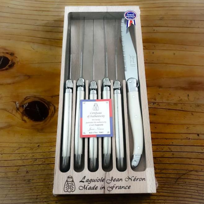 Laguiole ® Steak Knives, Set of 6 - White Handle, in wooden box