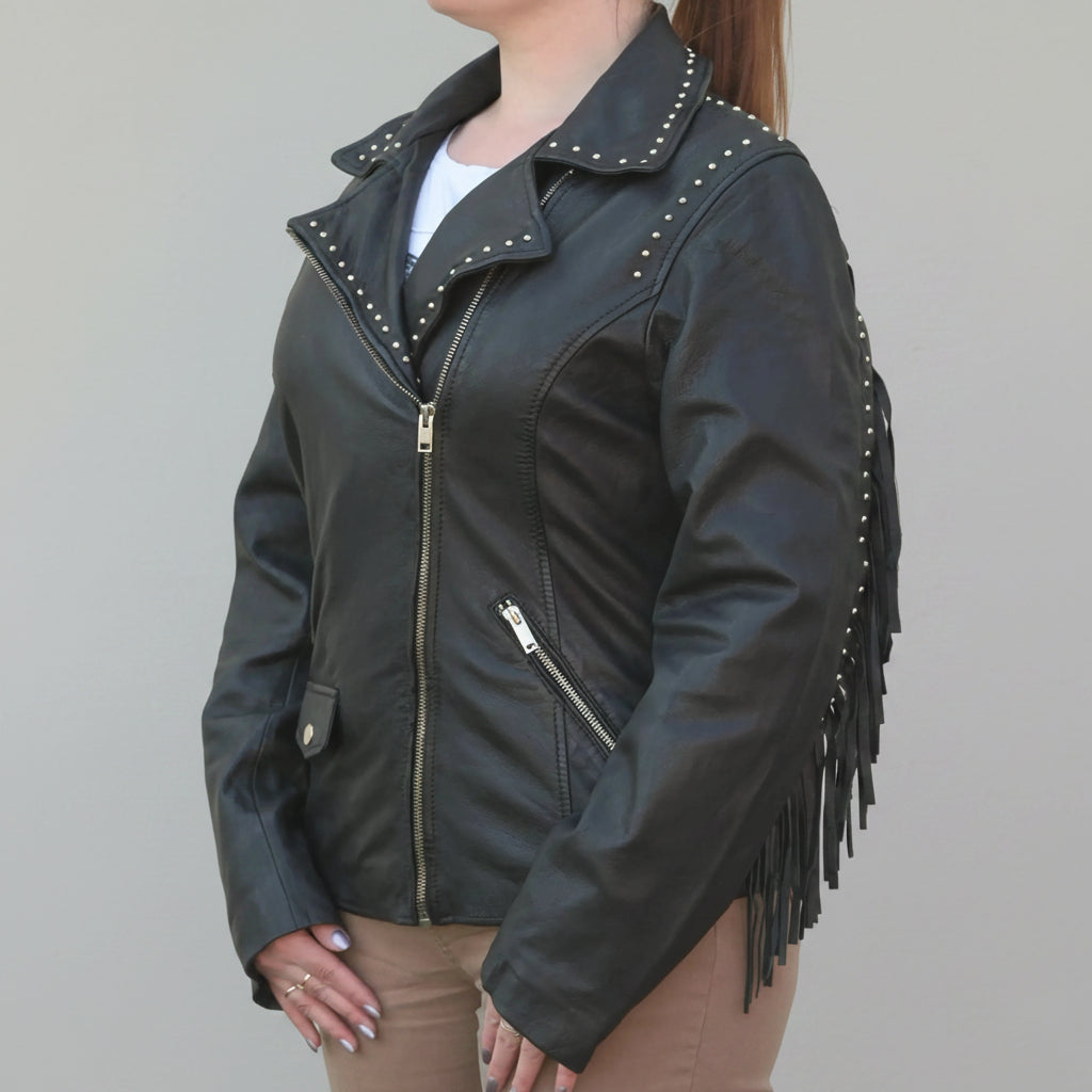 Women's Studded Leather Jacket with Removable Fringe