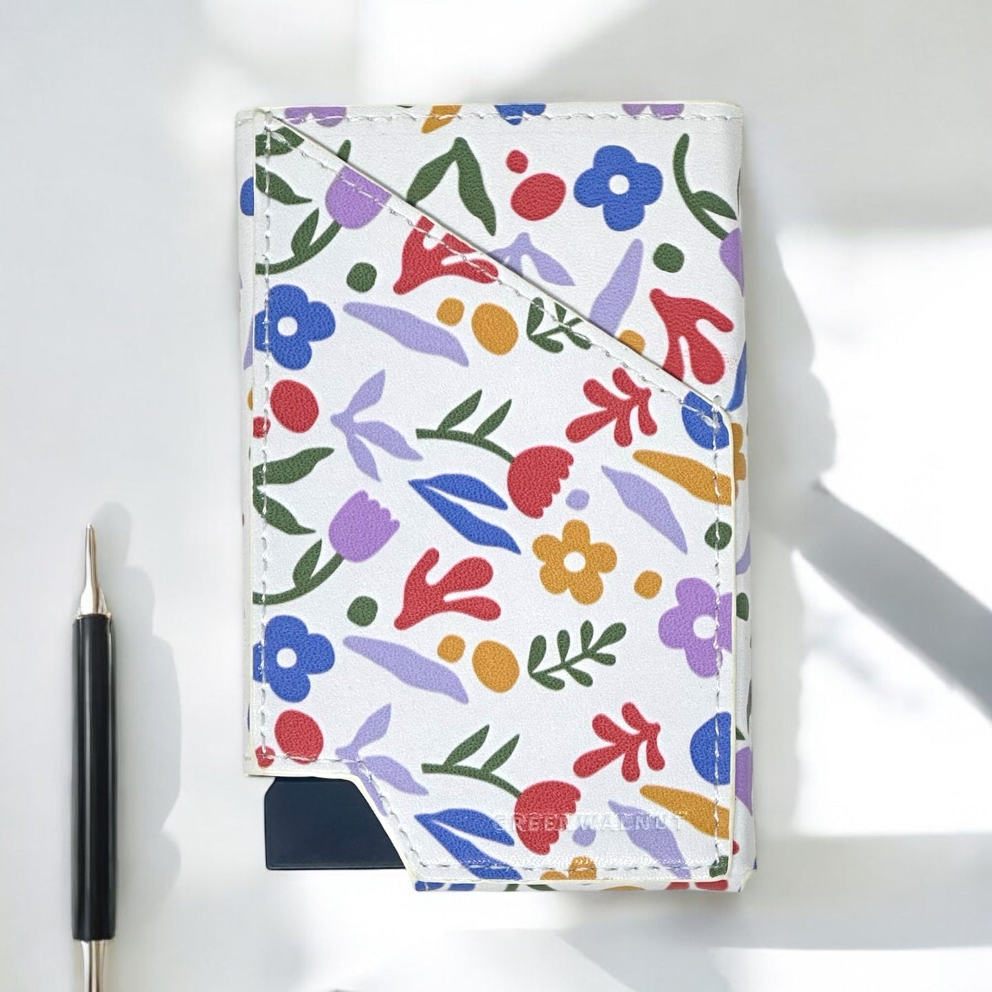 Porte-cartes Pop-Up Fin | Porte-cartes de crédit en aluminium à motif floral | Porte-cartes de crédit minimaliste anti-RFID à éjection automatique