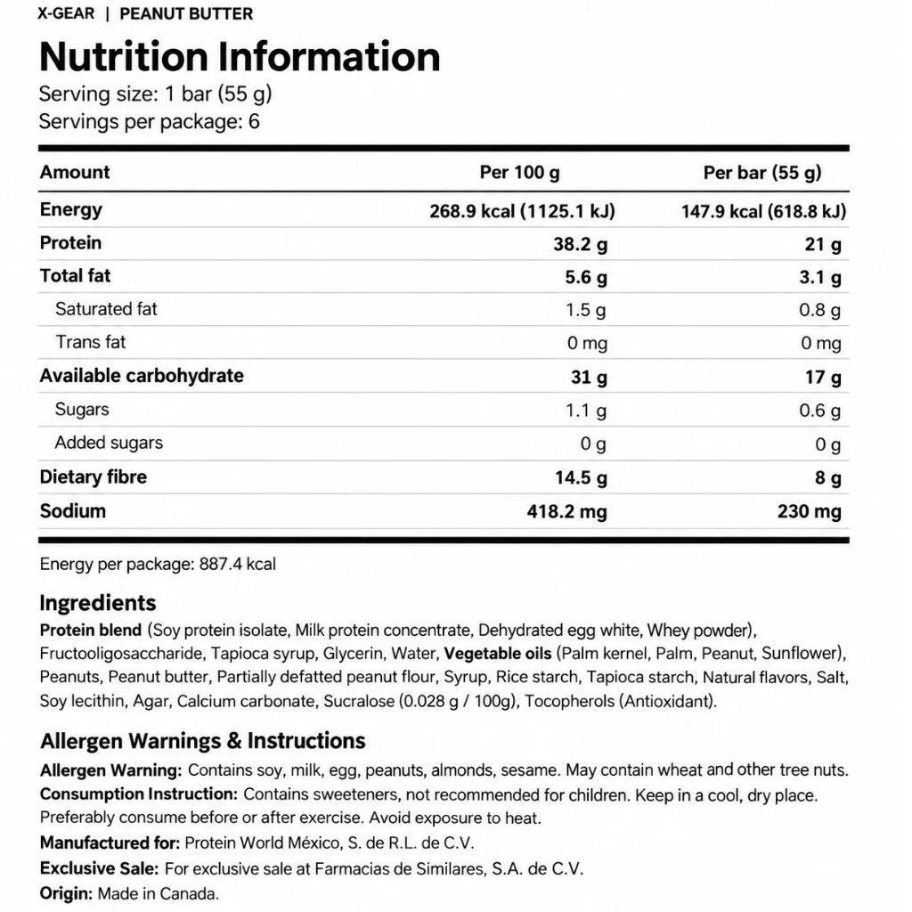 Barres protéinées PROTEIN WORLD X-GEAR, 6 barres/boîte