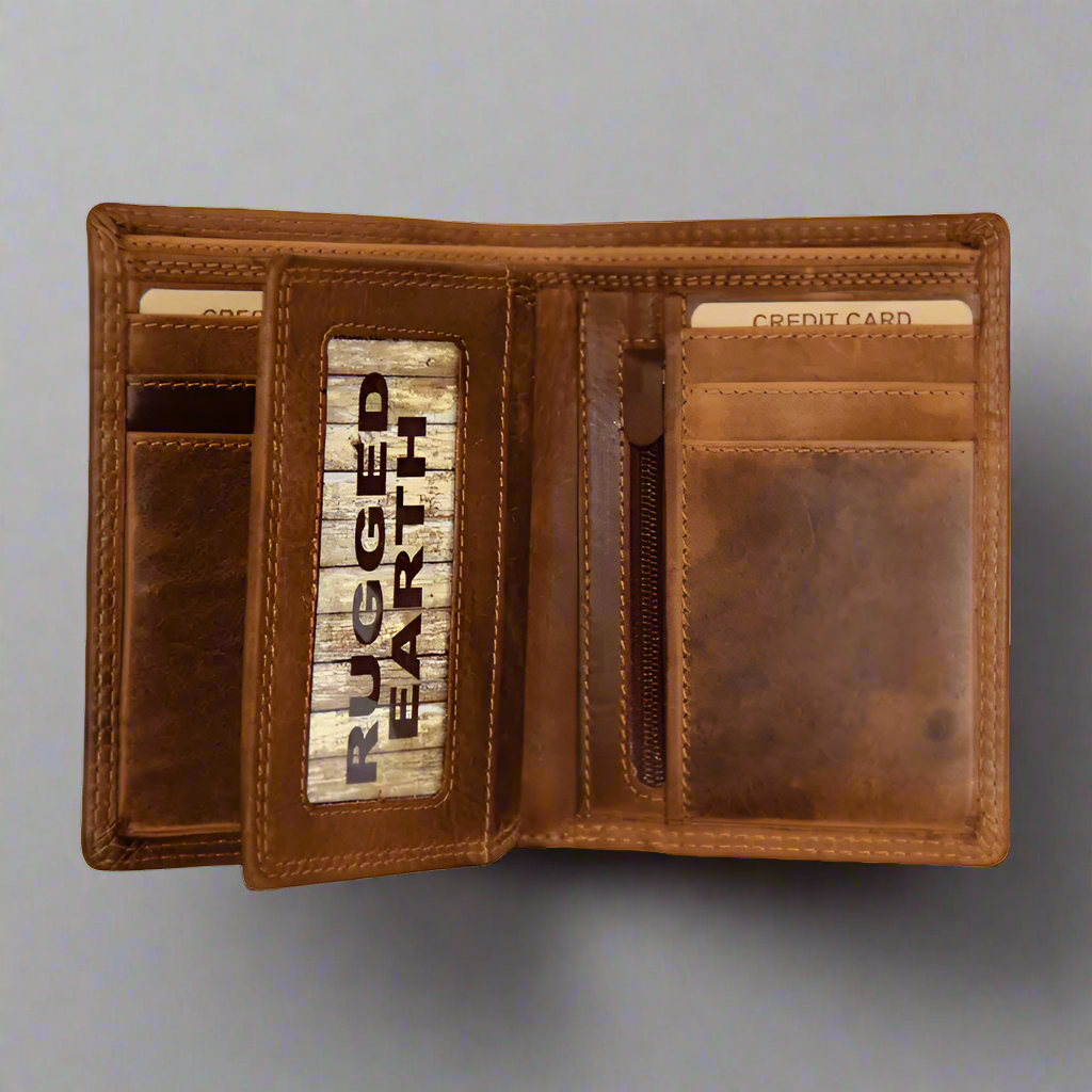 Portefeuille en cuir à trois volets pour homme Rugged Earth avec porte-monnaie zippé