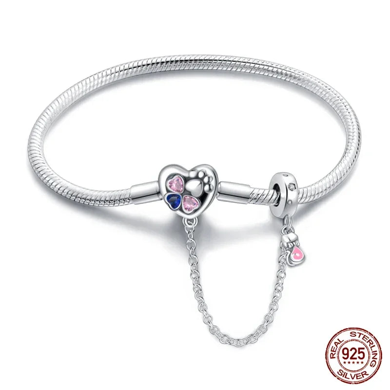 Bracelet à breloques en argent sterling cœur et patte avec chaîne de sécurité