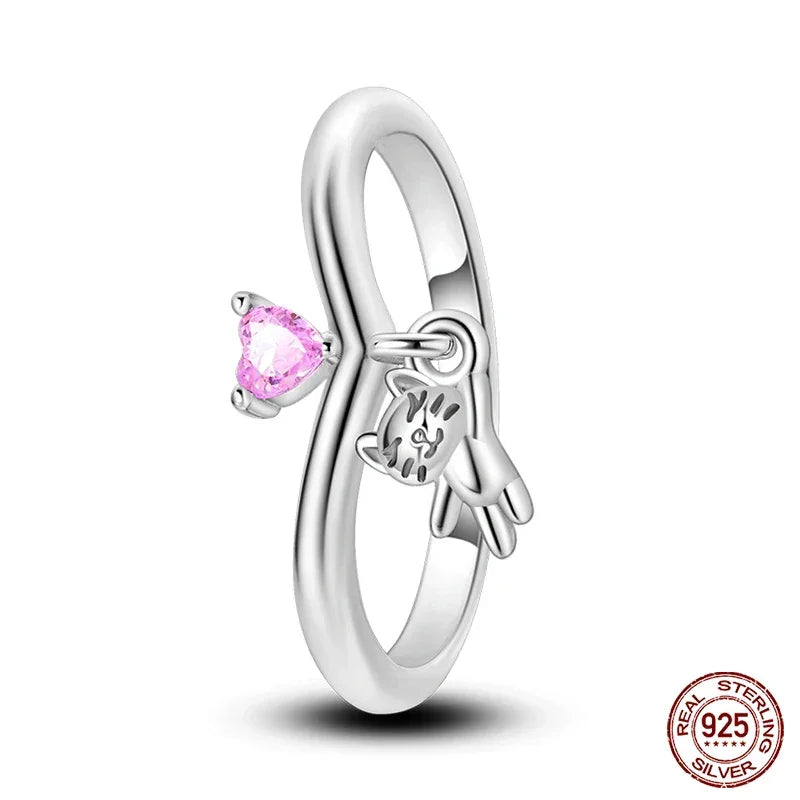 Bague breloque cœur de chat rose en argent sterling 925